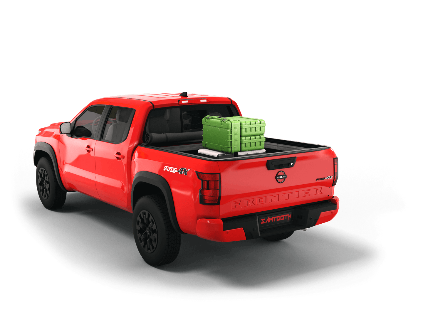 Red Nissan Frontier with gear in the truck bed and the Sawtooth Stretch tonneau cover rolled up at cab 